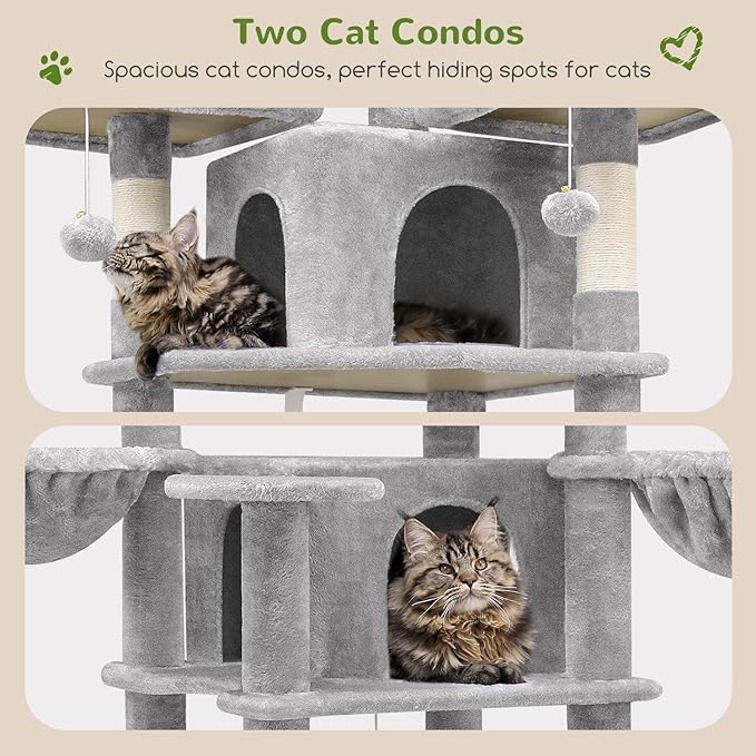 Globlazer Big Cat Tower for Indoor Cats, 80inch Cat Tower for Multiple Adult Cats XXL Cat Tree with Scratching Post, Hammock, 3 Perches, 2 Condos, 2 Hanging Basket, F80, Light Grey