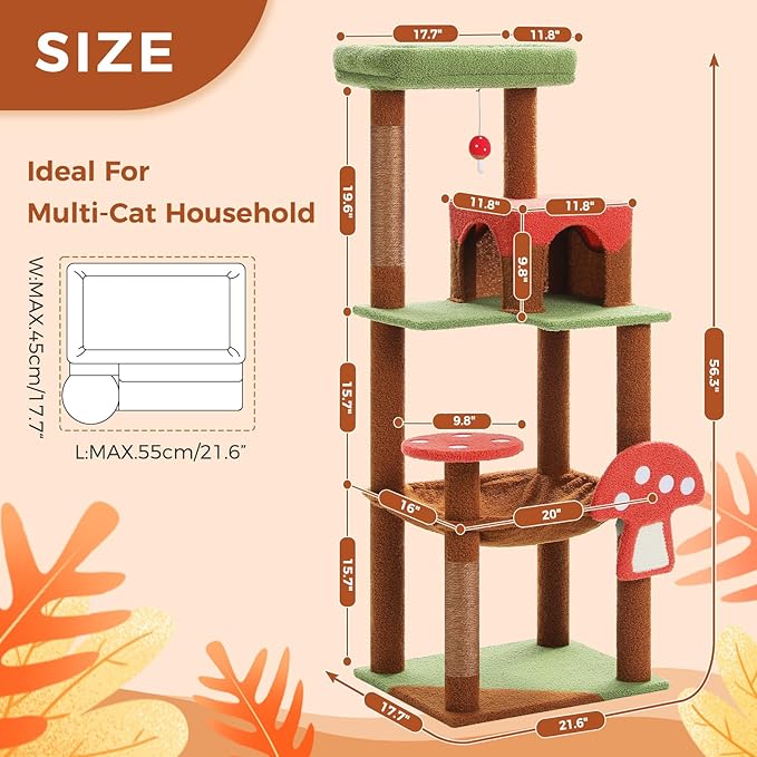 PETEPELA 56.3 Inches Mushroom Cat Tree Tower with Cute Mushroom Cat Scratching Board, Cat Condo, Extra Large Hammock and Plush Perches, Brown