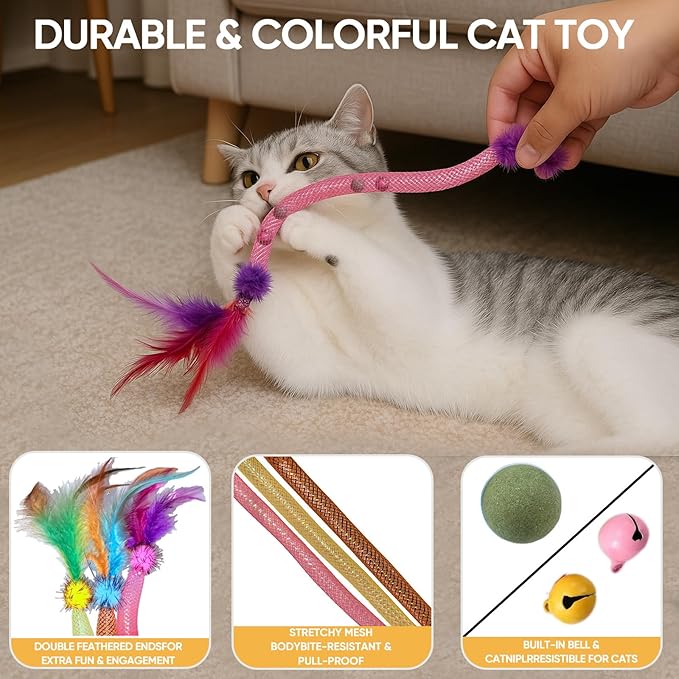 20PCS Interactive Cat Toys for Indoor Cats, Feather Elastic Mesh Cat Toy, Catnip Ball, Colorful Cat Spring, Kitty Rainbow Plush, Teething & Self-Play Kitten Accessories Variety Pack