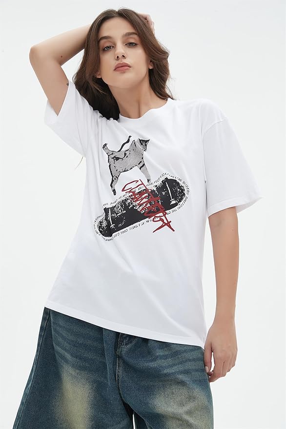 Y2k Graphic Unisex Tees Rock Guitar Cat T-Shirt Short Sleeve Oversized Tee Vintage Retro Grunge Streetwear Shirts