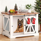 VOPEAK 43.3" XL Dog Crate Furniture, Chew Resistant Dog Crate for Medium Large Dogs, Heavy Duty Extra Large Dog Crate Dog Kennel Indoor with Double Doors, Wooden End Table for Living Room, White