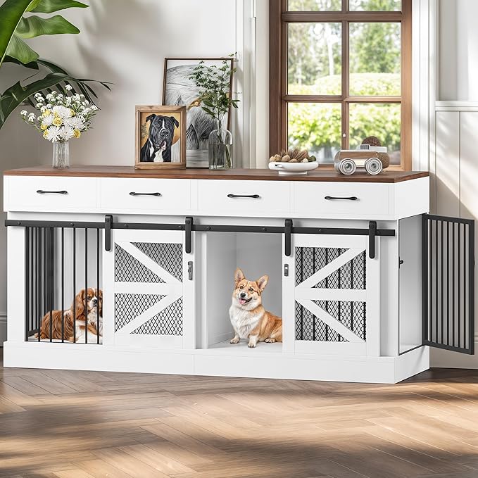 71" Large Dog Crate for 1 or 2 Dogs, Indoor Wooden Dog Cage with Removable Divider & 4 Storage Drawers - Heavy Duty Dog Kennel Furniture, Multi-Functional Pet Crates for Large/Medium Dogs,TV Stand
