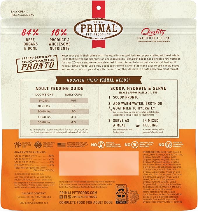 Primal Freeze Dried Dog Food, Pronto Mini Nuggets, Beef; Scoop & Serve, Complete & Balanced Meal; Also Use as Topper or Treat; Premium, Healthy, Grain Free High Protein Raw Dog Food (25 oz)