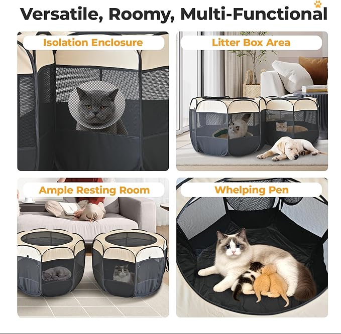 2-in-1 Pop Up Cat Playpen, Detachable into 2 Separate Pens, Assembly-Free Portable Puppy House Collapsible Dog Crates Pet Pen Tent Kennel Kitten Enclosure Cage Indoor Outdoor Foldable(S)