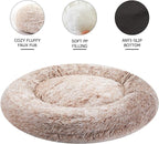 Bedfolks Calming Donut Dog Bed, 23 Inches Round Fluffy Dog Beds for Small Dogs, Machine Washable Anti-Anxiety Plush Puppy Bed（Brown, Small）