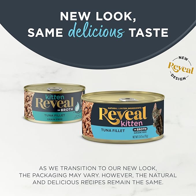Reveal Natural Wet Kitten Food in Broth, Limited Ingredient Grain Free Canned Kitten Food, Protein with No Artificial Additives, Tuna Fillet in Broth (12 x 2.47 oz Cans)