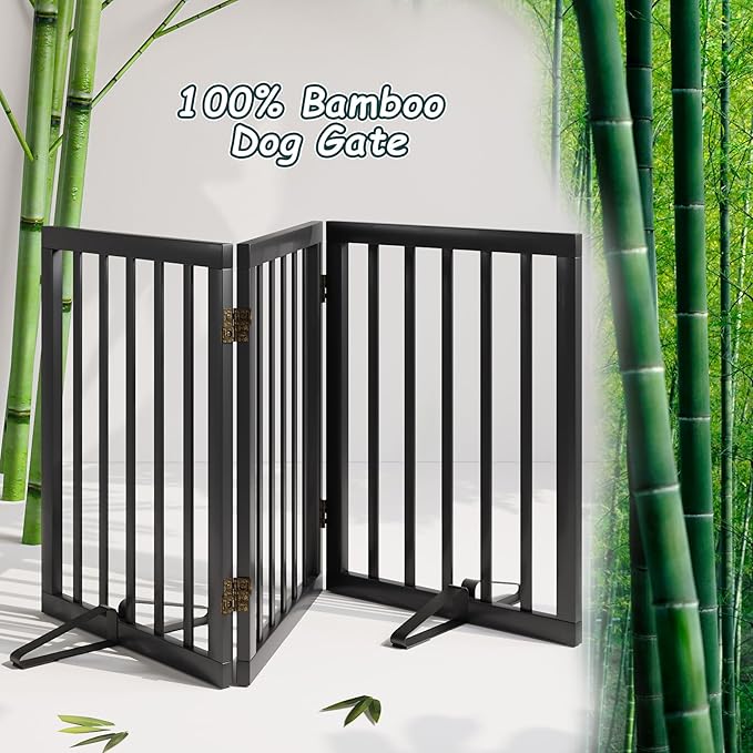 Semiocthome Bamboo Freestanding Dog Gates for Doorways,3-Panel Indoor Puppy Gates for the House with 2 Metal Stands,24"H Folding Pet Gate for Stairs Expands Up to 55"W Fully Assembled Stair Gate Black
