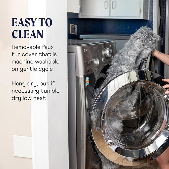 PupRug Orthopedic Dog Bed for Large Dogs with Fluffy Soft Faux Fur and Memory Foam for Joint Pain Relief, Machine Washable and Waterproof Couch Bed, White with Brown Accents, Medium