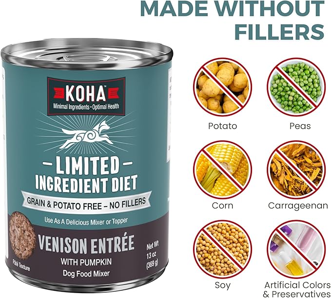 KOHA Limited Ingredient Diet Venison Entrée for Dogs - Grain Free Wet Dog Food with No Fillers - Sensitive Stomach Venison Dog Food, 13 oz - Trial Pack (3 Cans)