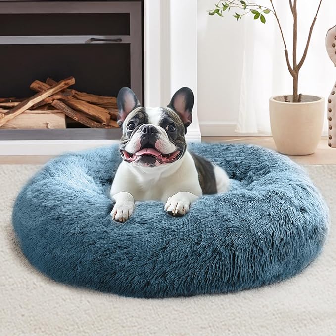 JOLLYVOGUE Calming Dog & Cat Bed for Large Dogs, Anti-Anxiety Donut Cuddler Cozy Soft Round Bed with Anti-Slip Bottom, Fluffy Faux Fur Plush Cushion Beds for Medium Dogs (36")