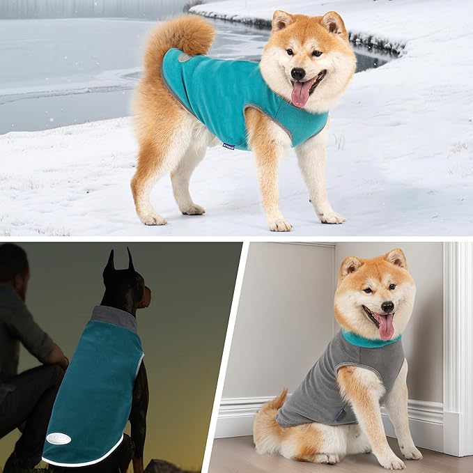 cyeollo 2 Pack Fleece Dog Sweater Vest Stretchy Dog Sweatshirt for Dogs with Reflective Stripe Pet Clothes for Medium Dogs Boy Turquoise & Grey
