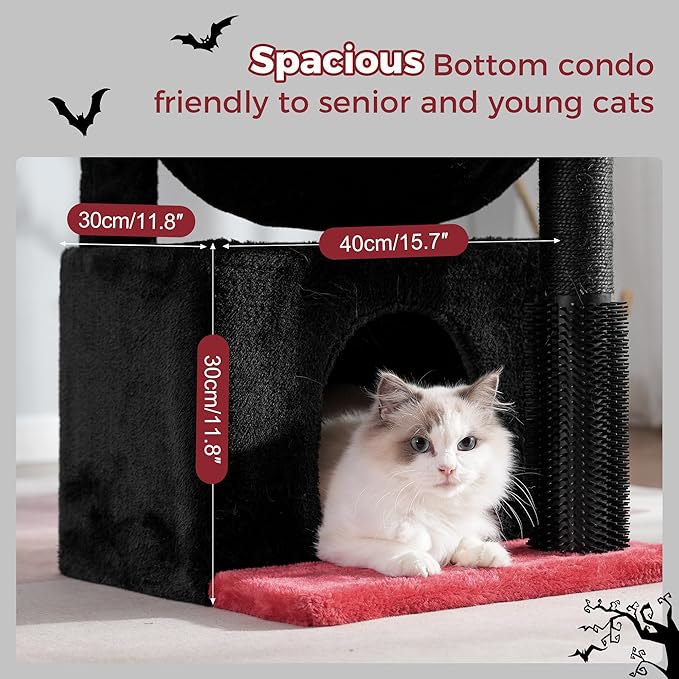 Gothic Cat Tree 32 Inches Small Cat Tree for Large Cats Adult Cat Tower with Scratching Post,15.7”Large Hammock and Self Groomer, and Removable Top Perch and Wide Condo for Indoor Cat-Gothic