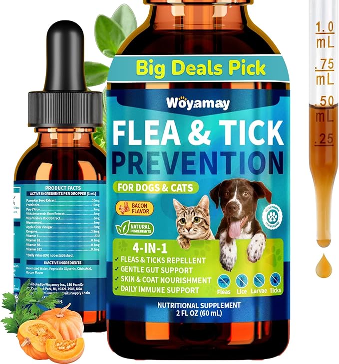 4-IN-1 Flea and Tick Prevention Drops for Dogs and Cats, Natural Cat & Dog Flea and Tick Treatment, Supports Flea Defense, Gut Health, Skin & Coat Nourishment, and Immune Support, Bacon Flavor