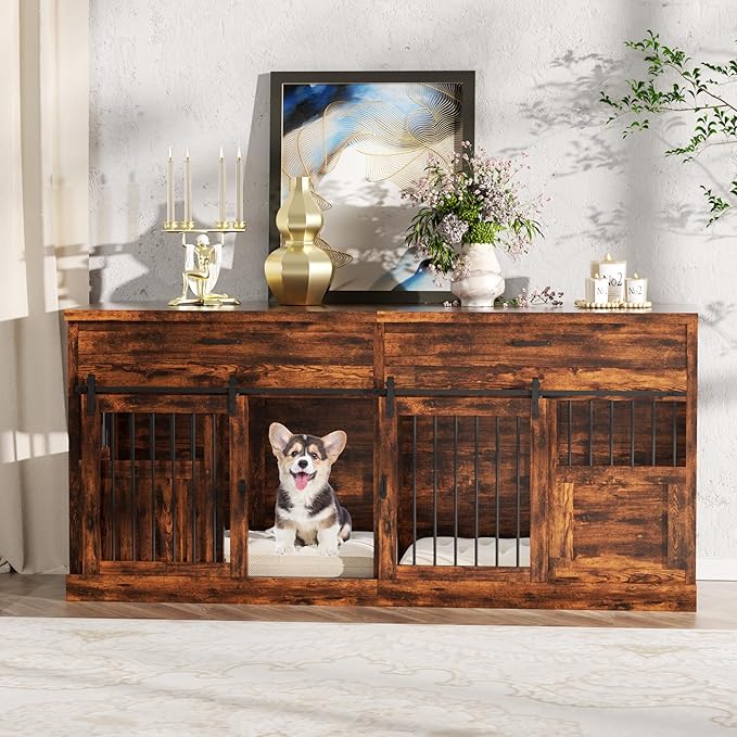70.9" Dog Kennel Indoor Large, Wooden Farmhouse Dog Crate Furniture with with Divider, Furniture Dog Crate Large Dog