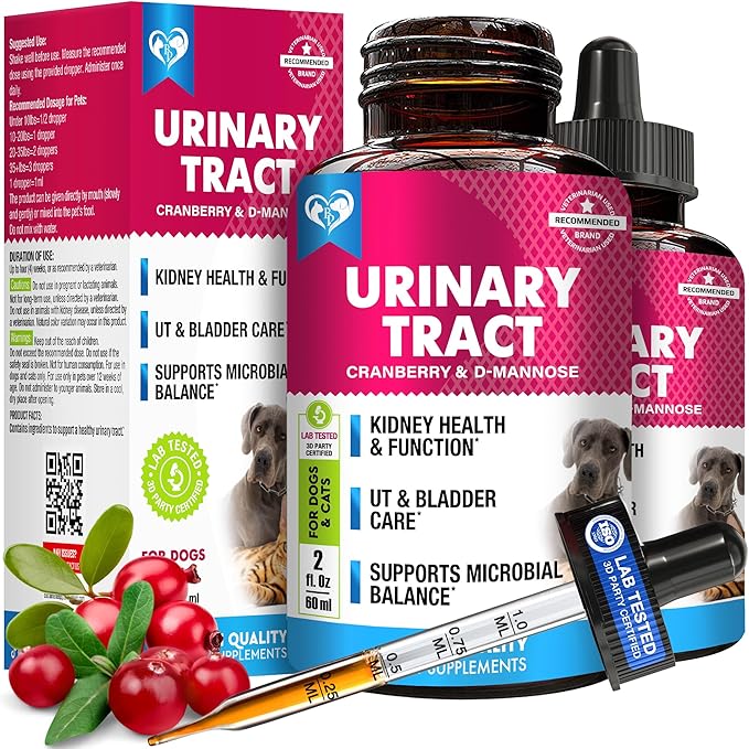 Cat & Dog Urinary Tract Infection Treatment & Natural UTI Medicine Cranberry & D-Mannose -Kidney+Bladder Support - Best Incontinence, Bladder Stones - Pet Renal Health & Care Drops