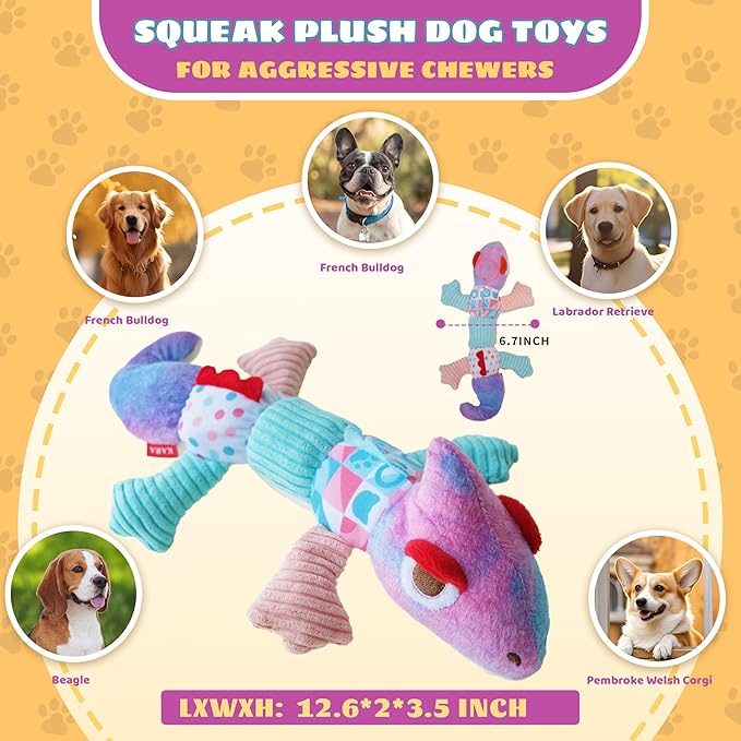 Squeaky Dog Toys Stuffed Tear-Resistant Plush Chameleon Pet Toy Eliminates Boredom for Small Medium Breed, for Chewing and Playing Tug of War (Purple)