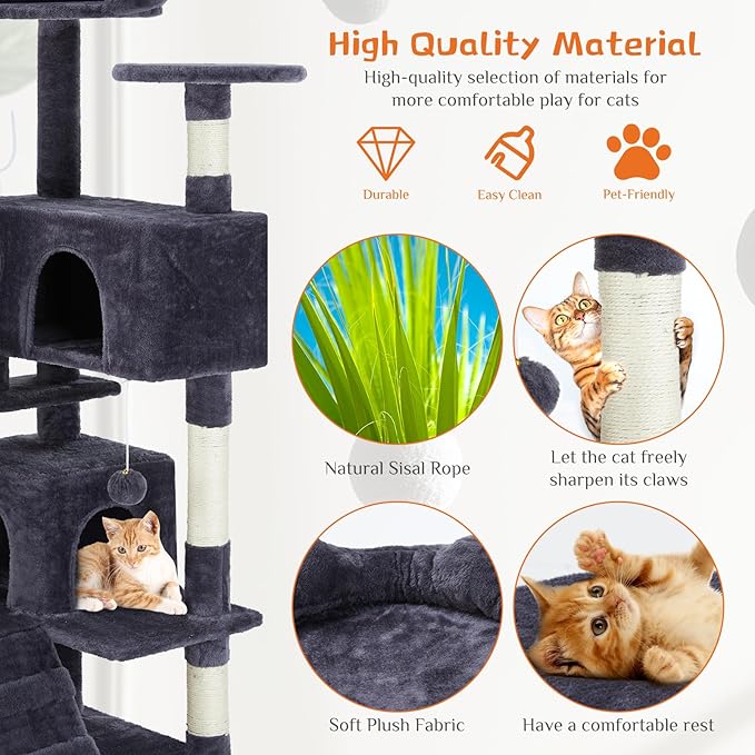 Sweetcrispy 54 Inch Cat Tree Tower, Multi-Level with Cat Scratching Post, Indoor Cat Condo with Climbing Ladder, Plush Toy, Play House for Cat, Dove Grey