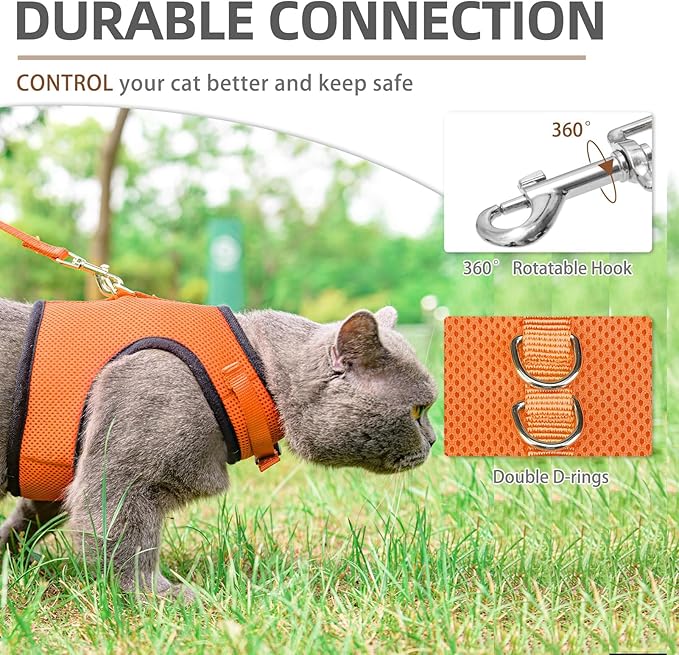 PUPTECK Soft Mesh Cat Vest Harness and Leash Set Puppy Padded Pet Harnesses Escape Proof for Cats Small Dogs Rabbits Bunny, Orange M