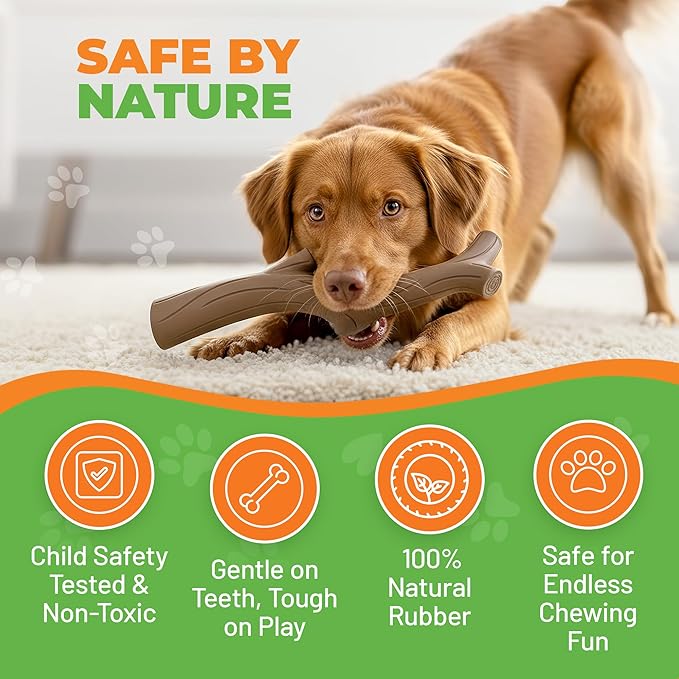 Natural Rubber Durable Dog Toys for Large & Medium Dogs Brown Bacon Flavored Curved Branch Shape Tough Chew Toy for Dogs Safe Tested & Non-Toxic Squeak Dog Toys