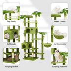 77in Large Cat Tower for Heavy Duty Big Cats, Tall Cat Tree with Leaves - Scratching Post, Two Cat Condos, Soft Hammocks, Padded Perches & Dangling Balls, Green