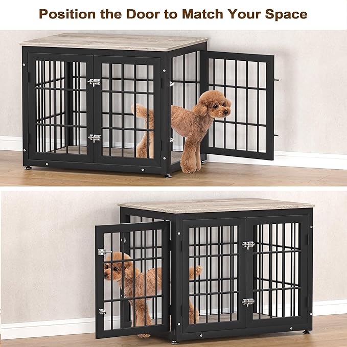 32 Inch Heavy Duty Dog Crate Furniture for Medium and Small Dogs, Decorative Pet House End Table, Wooden Cage Kennel Furniture Indoor, Grey