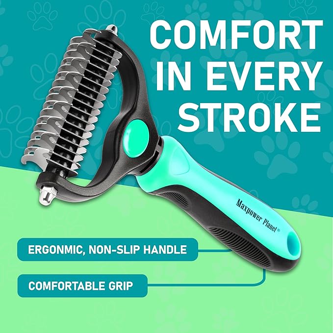 Maxpower Planet Hair Brush - Double Sided Shedding, Dematting Undercoat Rake for Dogs and Cats - Extra Wide Dog Grooming Brush, Reduce Shedding by 95%, Turquoise