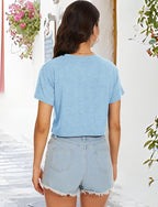 Womens Summer Crop Tops Short Sleeve Round Neck T-Shirts Loose Fit Casual Blouse
