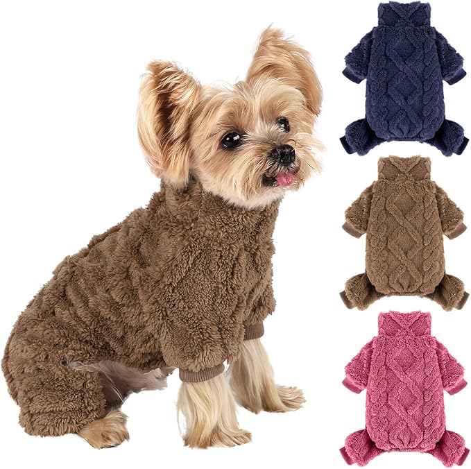 Dog Pajamas Small Sized Dog,Pajamas for Dogs, Winter Chihuahua Yorkie Teacup Cat Sweater Clothes Outfits,Soft Cold Weather Pet Coat Warm Fleece Puppy Pjs (M, Brown)