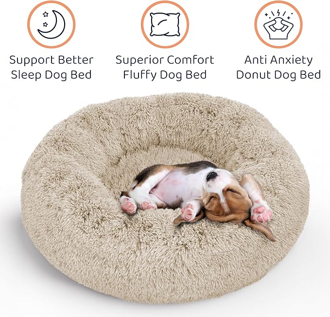 Donut Dog Bed - Premium Comfort for Anxiety Relief - Fluffy & Calming Design with Ultra-Plush Support | Cozy Round Dog Bed with Super Soft Circle Style (Size S Beige)