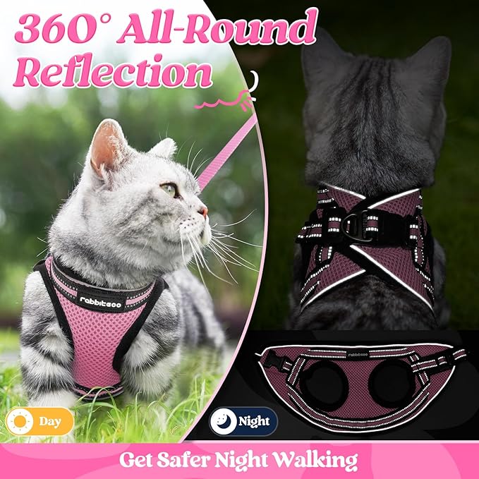 rabbitgoo Cat Harness and Leash Set for Walking Escape Proof, Adjustable Soft Kittens Vest with Reflective Strip for Cats, Comfortable Outdoor Vest, Pink, S