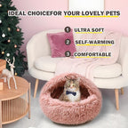 Cat Bed for Indoor Cats, Calming Cozy Cave with Self-Warming Plush, Entire Bed Machine Washable & Anti-Slip Base, Breathable Pet Bed for Small Cats&Dogs All Seasons (Leather Pink, 24 * 24inch)