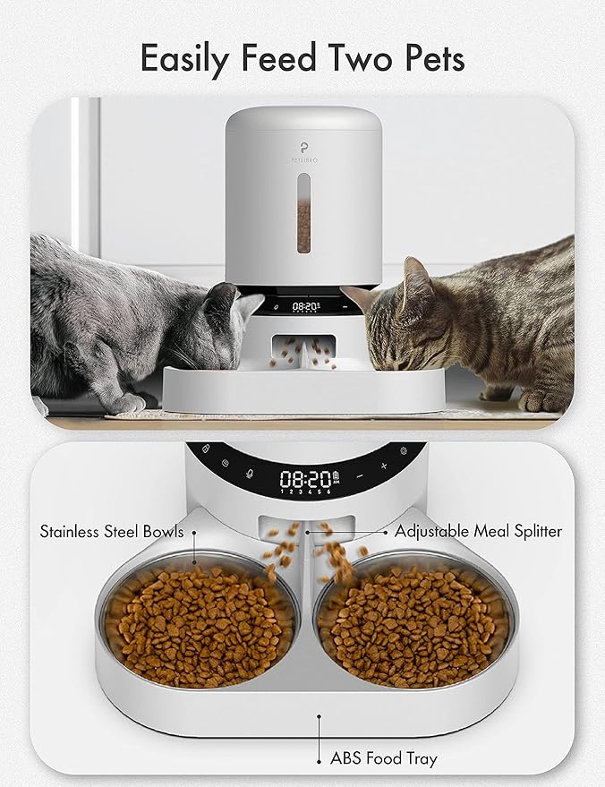 PETLIBRO Automatic Cat Food Dispenser for 2 Pets 5L Auto Dog Feeder Dry Food Dispenser with Splitter & 2 Stainless Bowls, 10s Meal Call and Timer Setting 50 Portions 6 Meals Per Day, Dual Tray Feeder