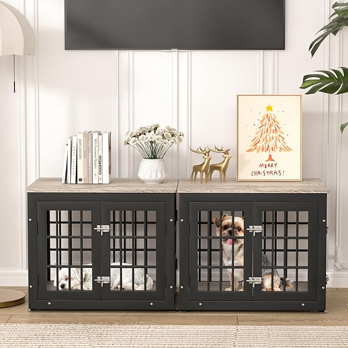 26 Inch Heavy Duty Dog Crate Furniture for Small Dogs, Decorative Pet House End Table, Wooden Cage Kennel Furniture Indoor with Double Doors, Grey