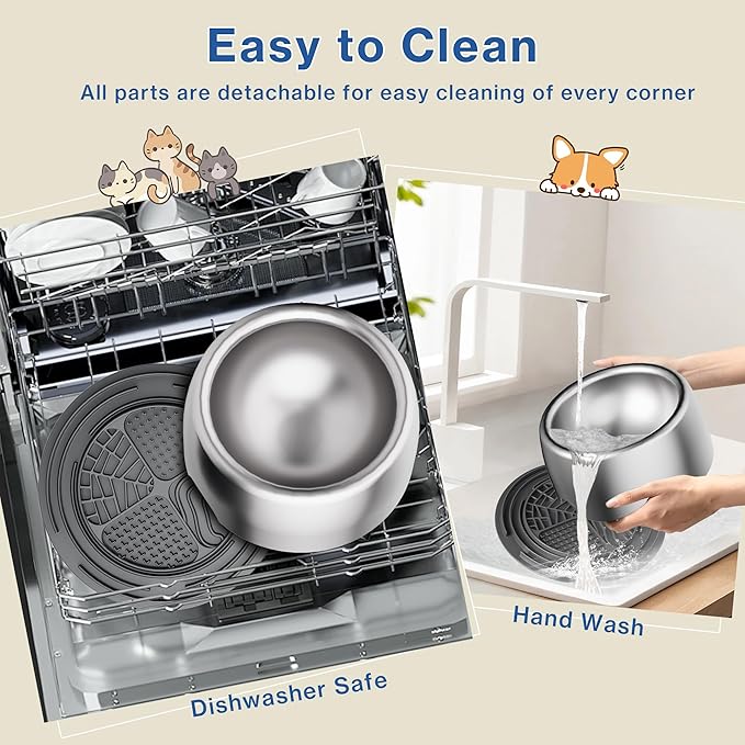 304 Stainless Steel Dog Bowls, Heavy Duty Dog Food Bowl with Extra Strong Non-Slip Mat, Thick Metal Base Water Bowl with Lick Mat for Puppies & Cats, Indoor/Outdoor (8.5 oz)