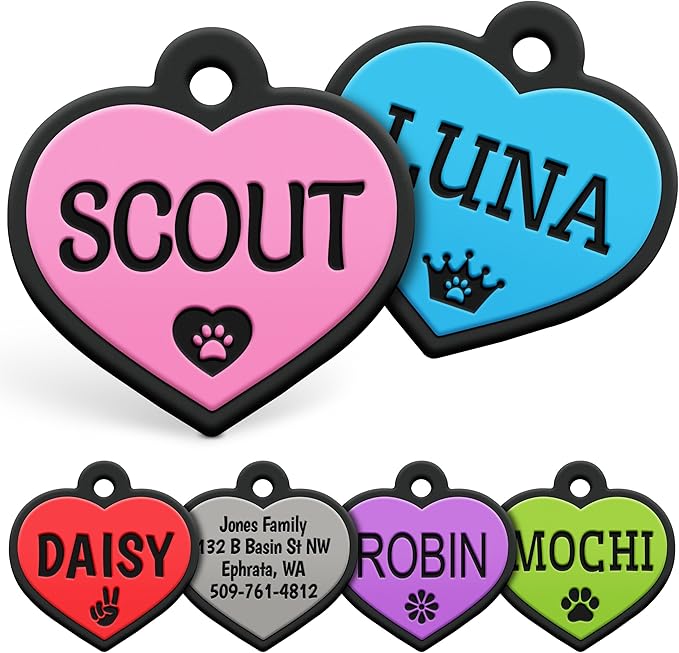 GoTags Soundless Silicone Heart Dog Tag, Personalized Silent Pet Tag Engraved with Unique Custom Designs, for Dogs and Cats Small Medium and Large 6 Bright Colors (Pack of 1)