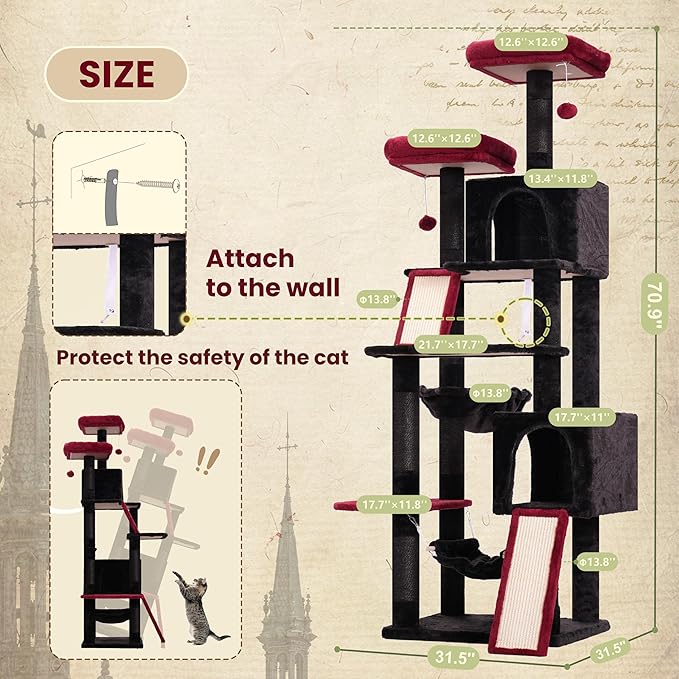 Cat Tree for Indoor Cats, 71'' (180cm) Multi-Level Cat Tower for Large Adult, Gothic Sturdy Cat Tree House with 2 Scratching Boards 7 Posts, 2 Plush Perches/Condos, Hammock, Black GCT032BR