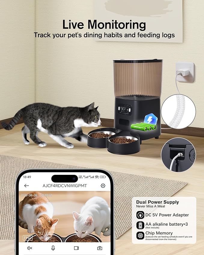 Automatic Cat Feeder, Camera Auto 2 Cats Dispenser 5L Microchip WiFi 2.4G&5G Timed Dual Pet Smart APP Dry Food Self Feeding Container Station(Black, 2 Bowls)