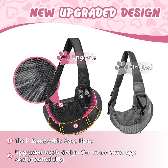 Upgrade Dog Sling Carrier (S,Pink) for Small Dogs/Cats Up to 10LB, Detachable Hard Bottom & Breathable Mesh, Large Storage Pocket, Adjustable Strap - Hands-Free Pet Carrier for Women Travel, Walking