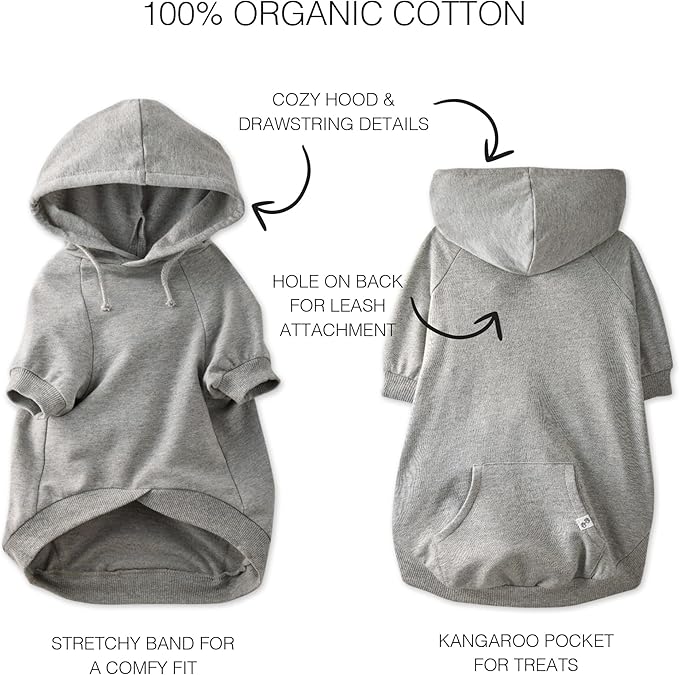 100% Organic Cotton Dog Hoodie Pet Coat for Small, Medium and Large Dogs, Gray Heather, Large