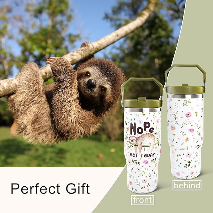 30oz Sloth Tumbler with Handle and Straw, Stainless Steel Vacuum Insulated Coffee Tumbler, Travel Mug Water Bottle, Sloth Stuff Accessories Decor, Sloth Gifts for Women & Men