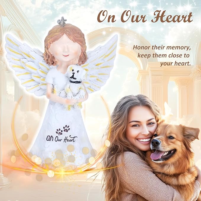 Dog Memorial Gifts for Loss of Dog, Rotating Wooden Picture Frame with Resin Angel Statues for 4x6 Photo, Pet Memorial Gifts for Dog Cat, Pet Loss Sympathy Bereavement Remembrance Keepsake, Black