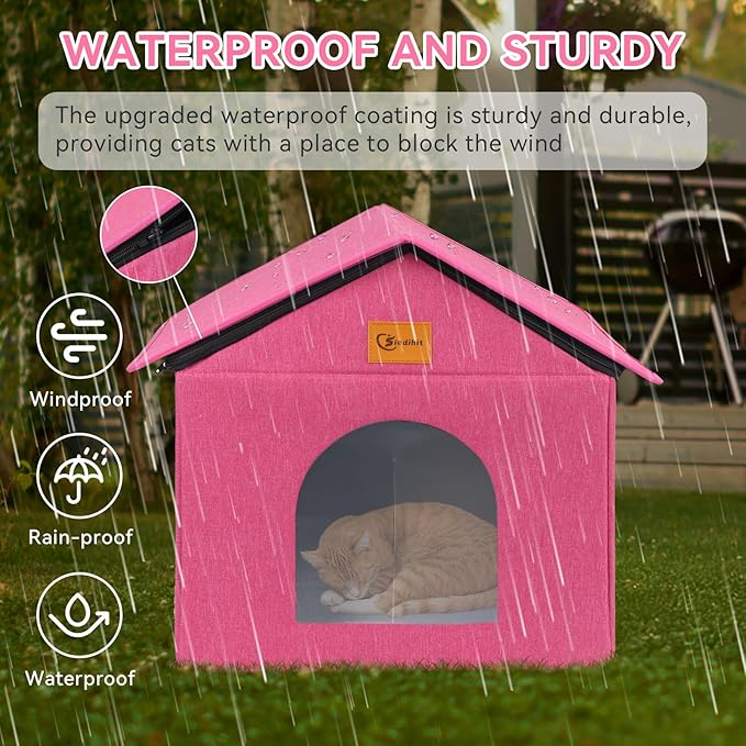 Outdoor Cat House for Shelter Feral Cat, Outside Waterproof Cat House for Outdoor/Indoor Cats, Insulated Cat Bed for All Seasons with Cozy Cushion (Rose Pink, Large Zip Style)