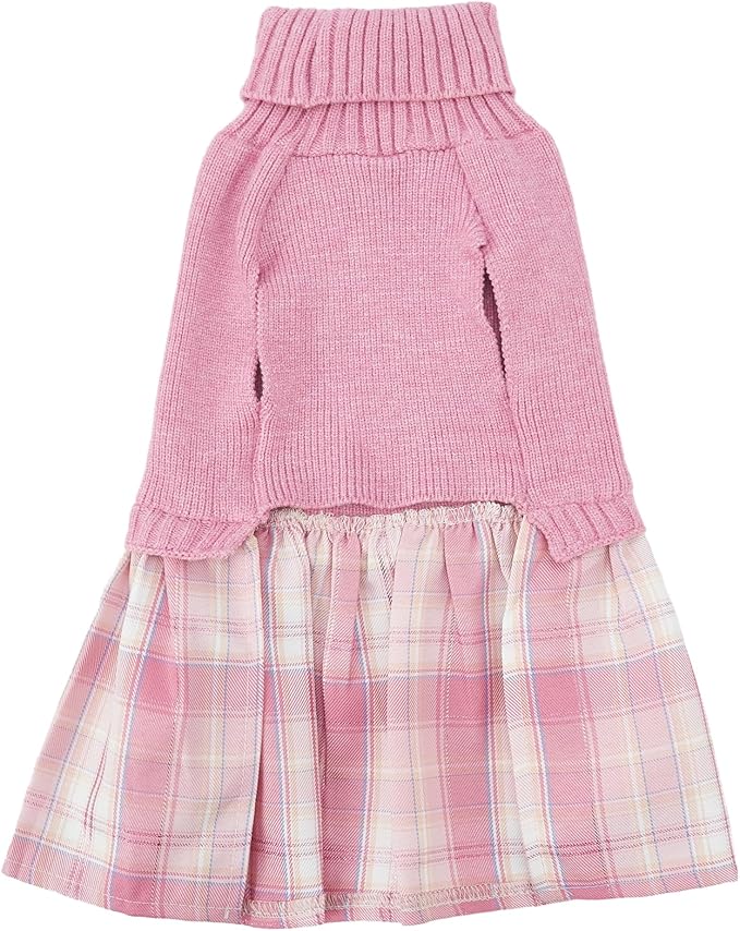 Lanyarco Pink Knitted Dog Sweater Dress, Plaid Dog Winter Clothes for Small Dogs Girl, Maltese Cat Apparel, X-Small (XS)