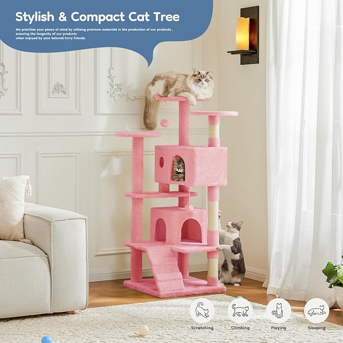 DUMOS 54-inch Indoor Cat Tree Tower –Multi-Level Pet House for Large Cats with 2 Condos, Scratching Posts, Round Platform, Small Ladder, and Toys, Pink