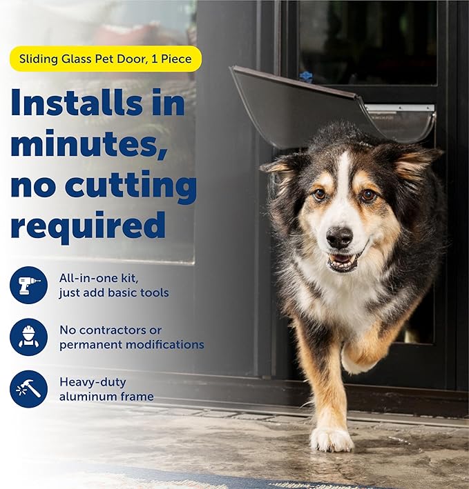PetSafe Sliding Glass Pet Door - No-Cut DIY Install Doggy Door for Renters - Aluminum Frame - Adjustable Height 75 7/8" to 81" - Ideal for Large Dogs Up to 100 lb - Black