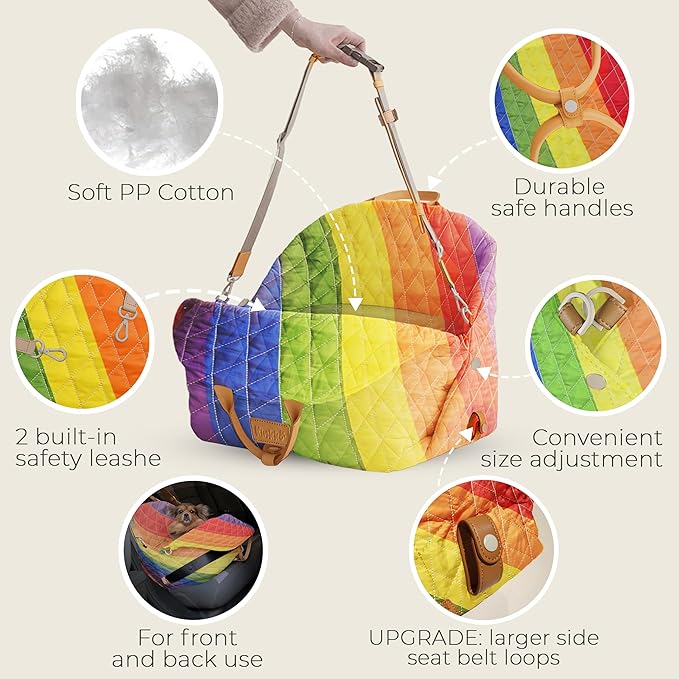 Dog Car Seat for Small Dogs – 3-in-1 Travel Carrier – Washable, Anti-Slip, Safety Straps – Fits Front & Back Seats – Cozy Pet Car Seat up to 25 lbs – Rainbow