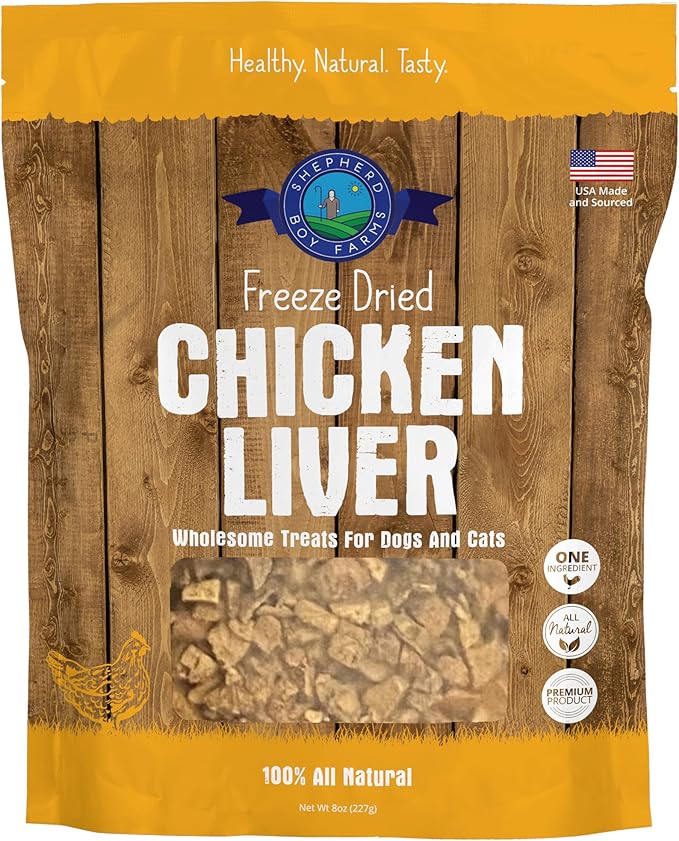 Freeze Dried Dog and Cat Treats, Chicken Liver, All Natural Single Ingredient Freeze-Dried Dog Treat & Snacks, Made in USA, High Protein, Essential Nutrition Raw Food, 8oz