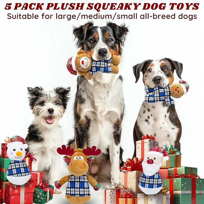 5pack Christmas Stuffed Plush Dog Interactive Dog Chew Toys for Small & Medium Dogs Durable Cute Animal Shape Squeaky for Puppy
