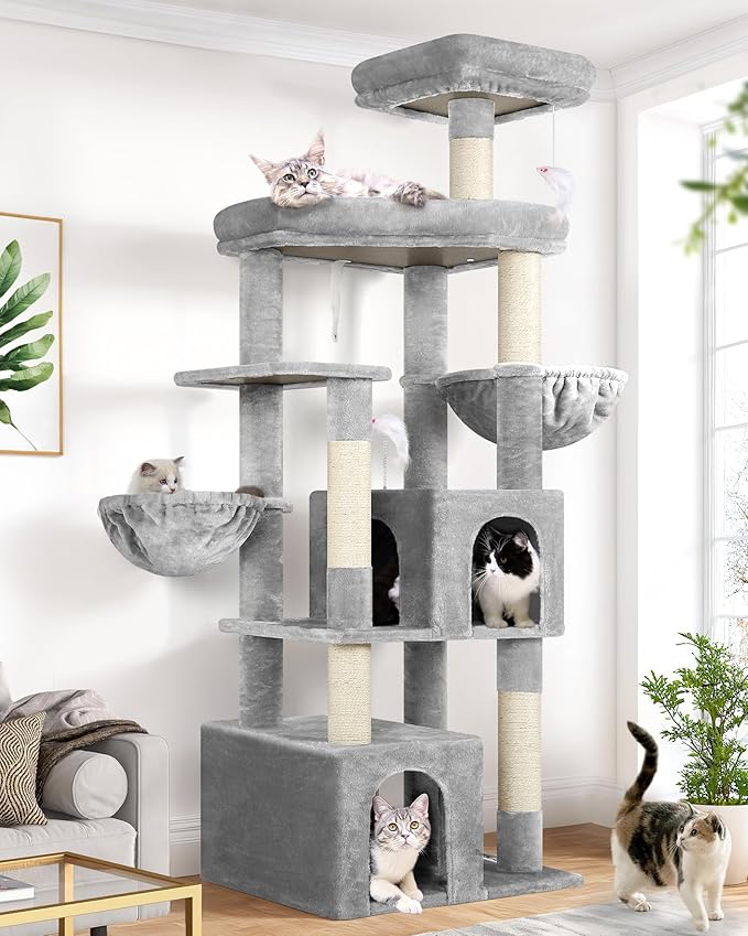 Globlazer Sturdy Cat Tree, 68-inch Large Cat Tower for Indoor Adult Cats 20 lbs Heavy Duty Cat Tree for Big Cats with Extra Large Platform, 5 Scratching Post, S68, Cloud Grey
