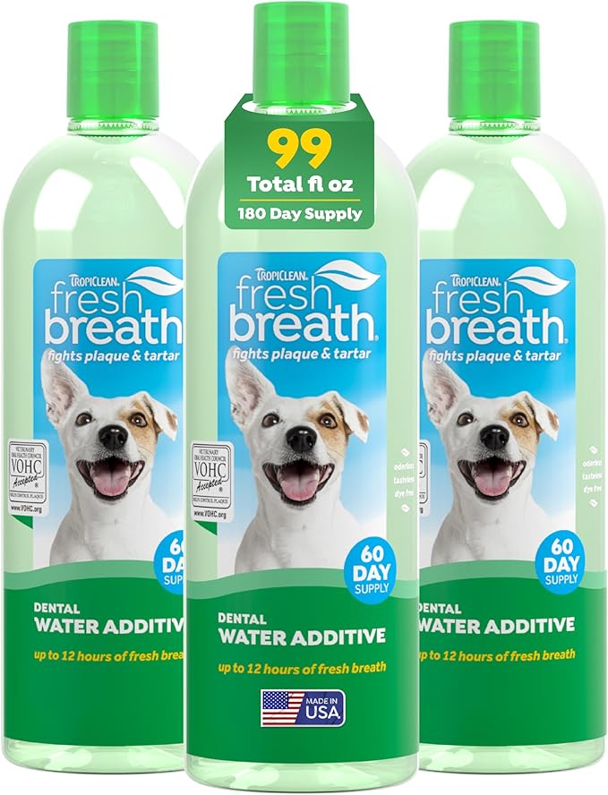 TropiClean Fresh Breath Water Additive for Dogs, Dog Breath Freshener & Teeth Cleaning Solution, No Toothpaste or Toothbrush Required, 33.8oz, 3 Pack